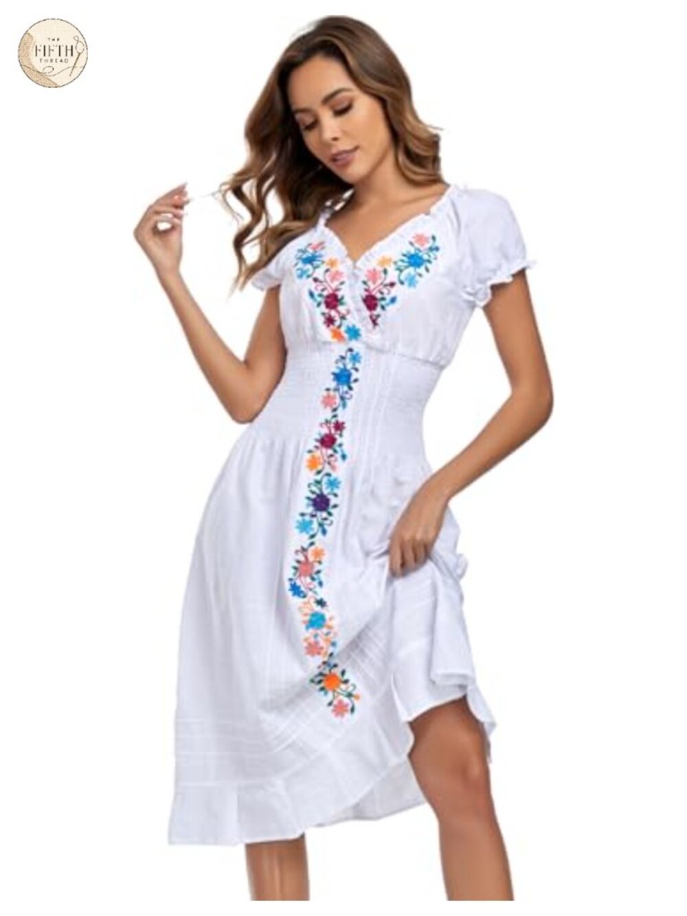 Women's Embroidered Ruffle V-Neck Short Sleeve Casual Dress